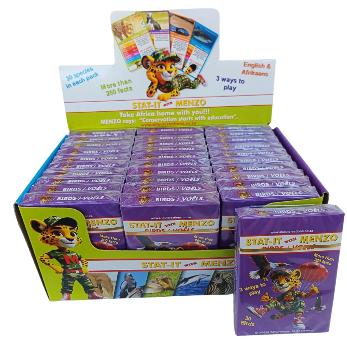 Collection of animal-themed cards with statistics.  Stat-it with Menzo wildlife card game. Safari kids bird education bird phonetics bird life