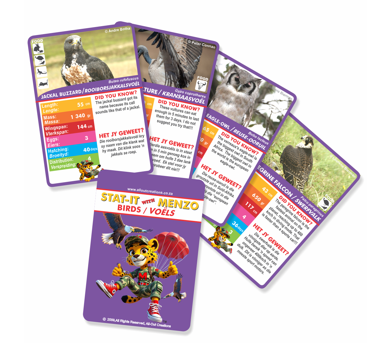 Collection of animal-themed cards with statistics.  Stat-it with Menzo wildlife card game. Safari kids bird education bird phonetics bird life