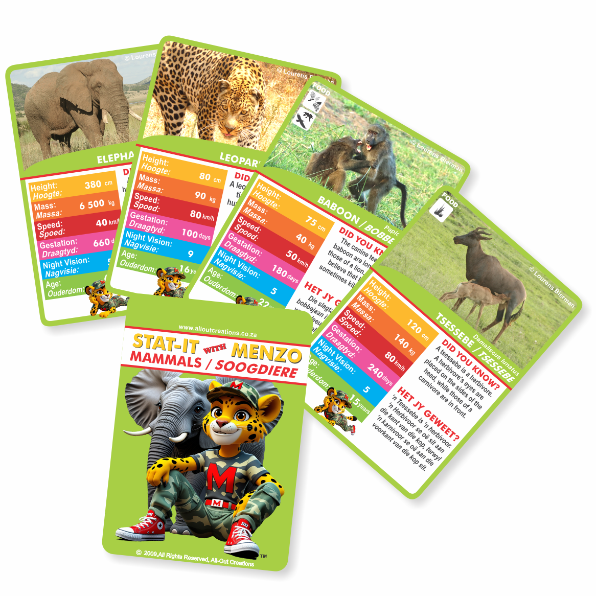 Collection of animal-themed cards with statistics.  Stat-it with Menzo wildlife card game. Safari kids wildlife education wildlife phonetics