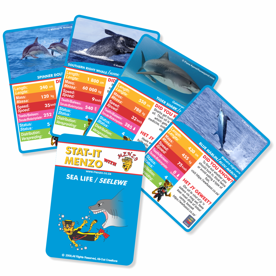 Collection of Sea Life-themed cards with statistics.  Stat-it with Menzo sea life card game. Safari kids sea life education sea life ocean phonetics