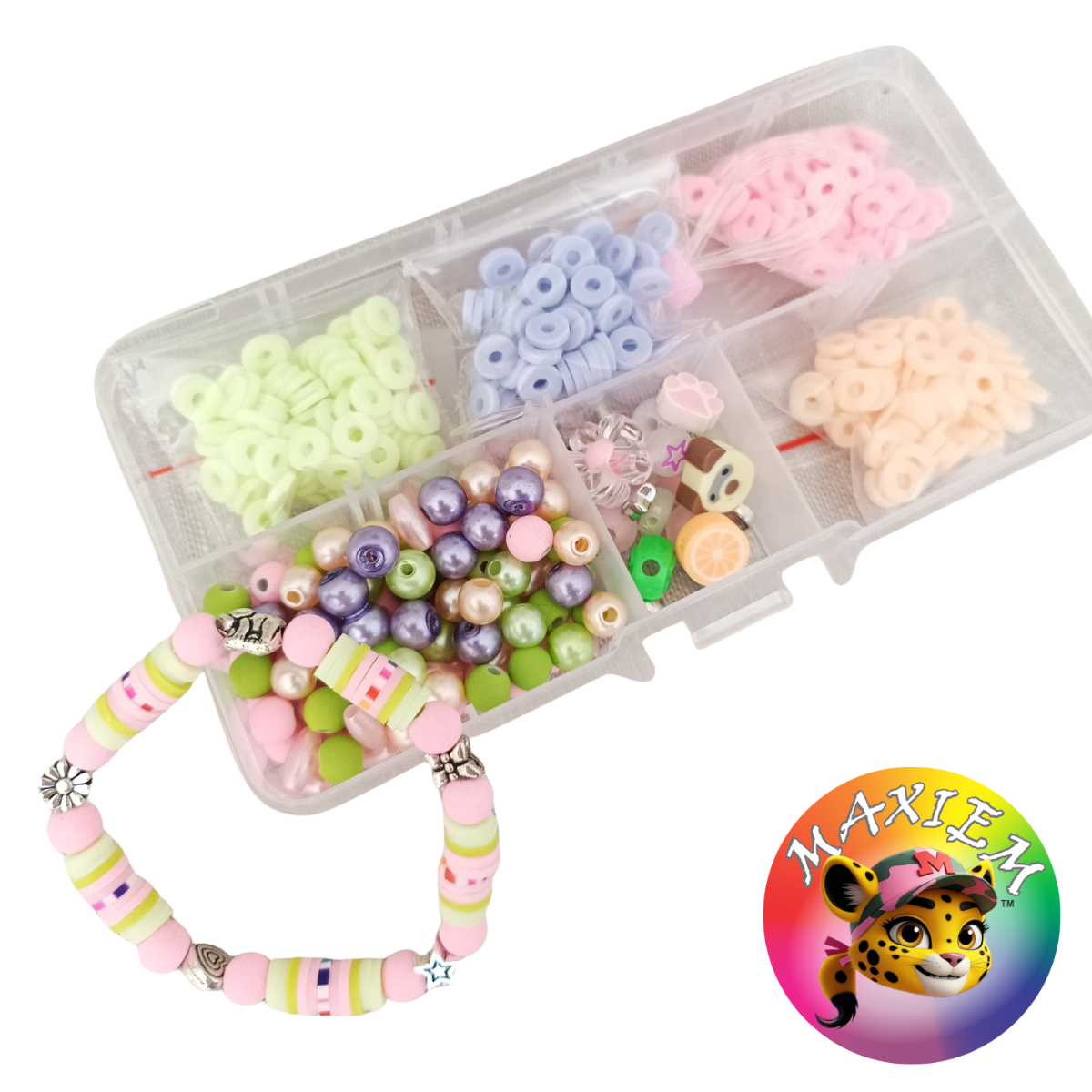 MAXIEM DIY beading bracelet and bag tassel make your own accessory kit fun activity for girls birthday party activity, fine motor skill development