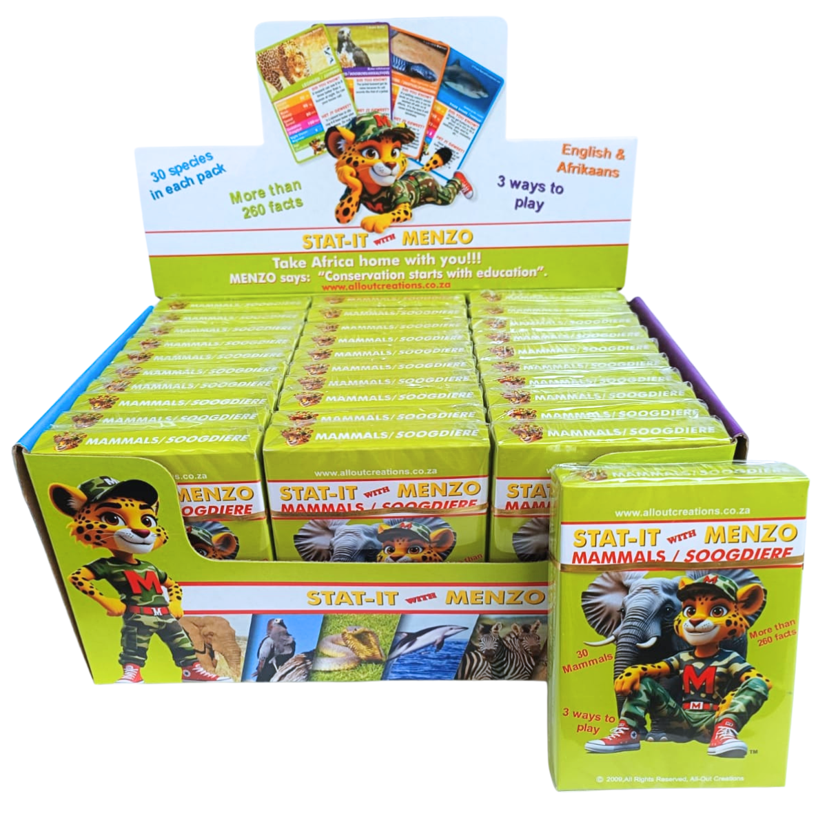 Collection of animal-themed cards with statistics.  Stat-it with Menzo wildlife card game. Safari kids wildlife education wildlife phonetics