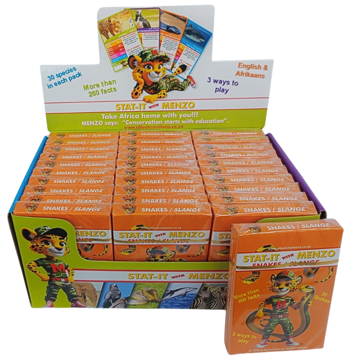 Collection of snake-themed cards with statistics.  Stat-it with Menzo snake card game. Safari kids snake education snake phonetics