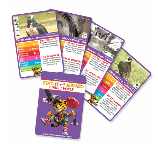 Collection of animal-themed cards with statistics.  Stat-it with Menzo wildlife card game. Safari kids bird education bird phonetics bird life