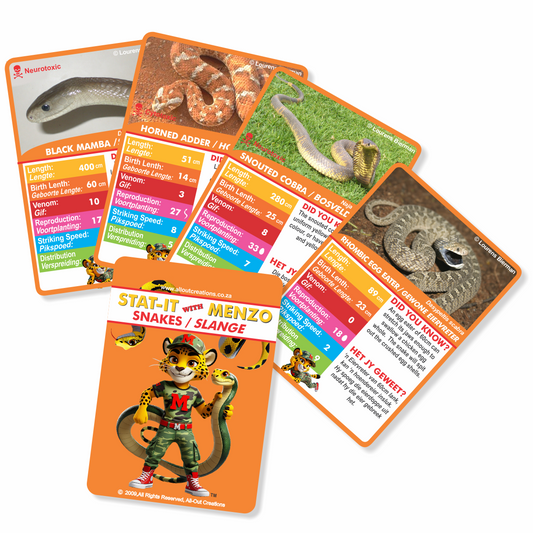 Collection of snake-themed cards with statistics.  Stat-it with Menzo snake card game. Safari kids snake education snake phonetics