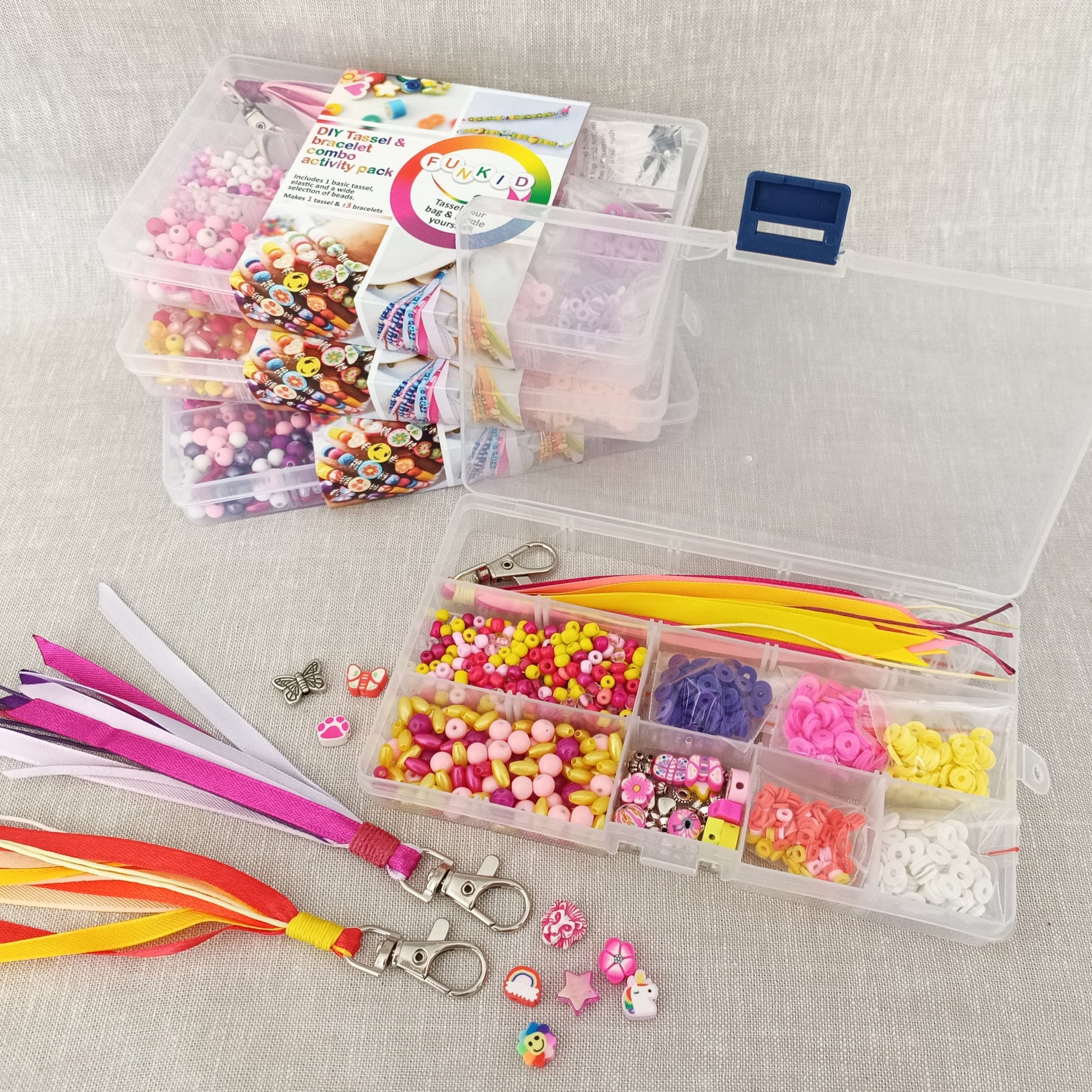 Funkid DIY beading bracelet and bag tassel make your own accessory kit fun activity for girls birthday party activity