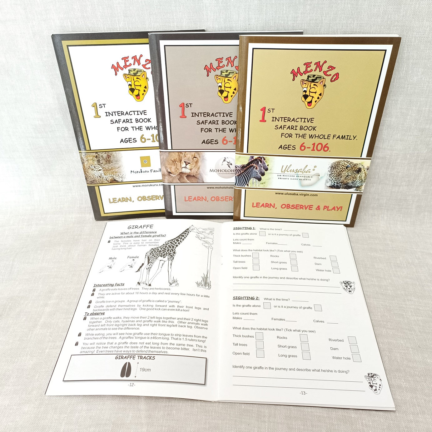 Menzo interactive safari book branded with lodges wildlife book for safari on game drive with children child friendly lodges family holiday activities