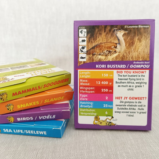 Menzo educational wildlife cards games endangered birds playing cards games bird enthusiasts Kruger National Park wildlife education for kids family holiday activities